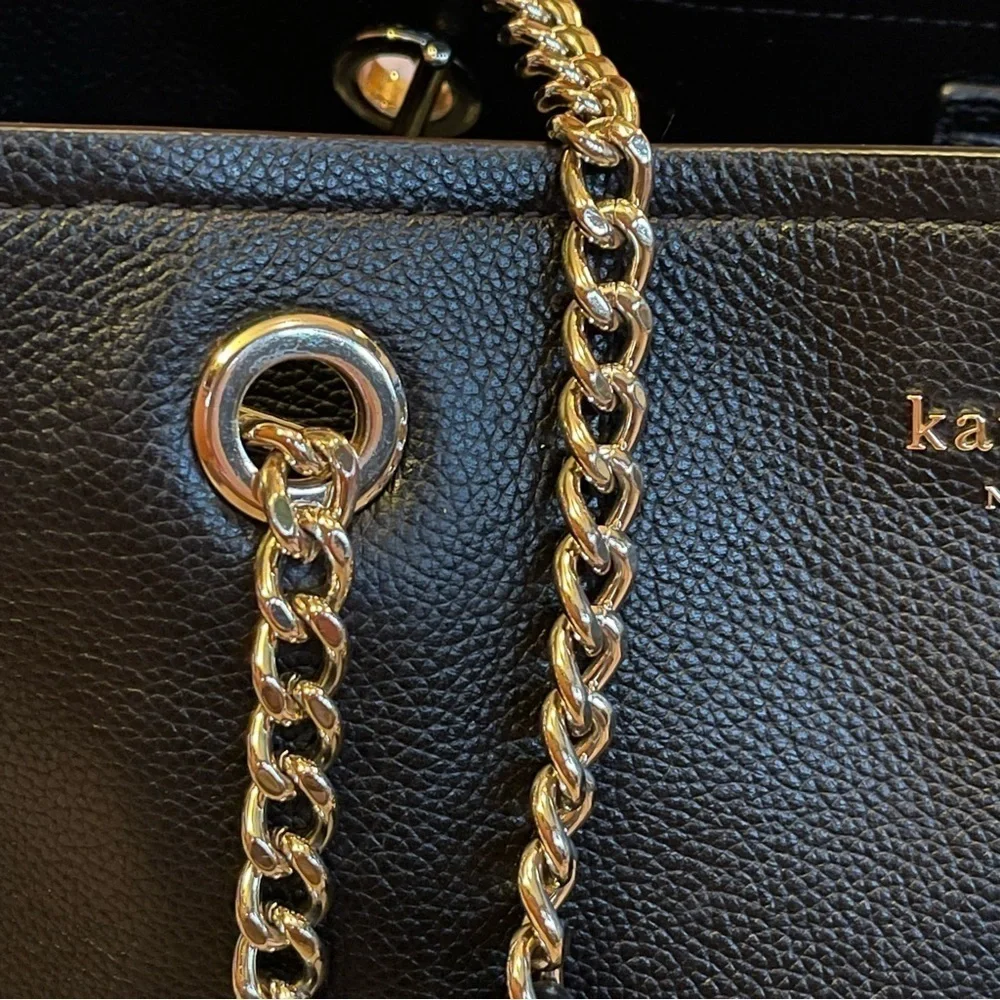 Kate Spade New York Large‎ Black Pebbled Leather Jordyn Gold Chain Handle Tote